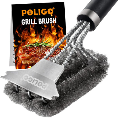 POLIGO Grill Brush and Scraper with Deluxe Handle - Safe Wire Stainless Steel BBQ Brush for Gas Infrared Charcoal Porcelain Grills - Ideal Gift BBQ Cleaning Brush for Grill Wizard Grate Cleaner