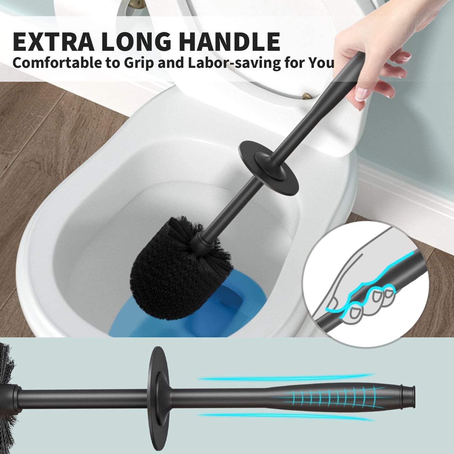 UPTRONIC Toilet Brush, Toilet Bowl Brush with Extra Long Handle Durable Bristles Toilet Scrubber and Covered Holder for Toilet Brush Set for Bathroom Cleaning (Black-02)