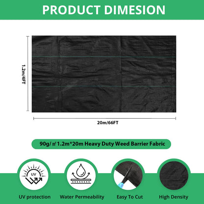 4FT x 66FT Garden Weed Barrier Landscape Fabric,Phiocxem Heavy Duty Garden Weed Control Cloth,Breathable Woven Geotextile Fabric Ground Cover for Gardening, Farming(Black 1.2m x 20m)