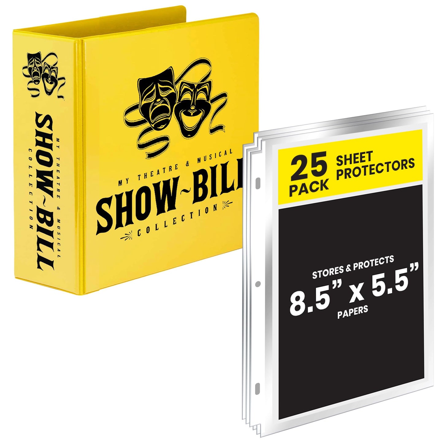 Showbill Binder with Display Sleeves, Holds 8.5” x 5.5” Broadway Programs, Includes 25 Clear Sheet Protectors, D-Ring Organizer for Theatre Memorabilia & Collectibles, Yellow