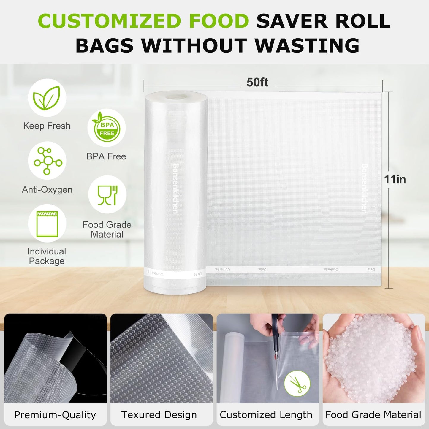 Bonsenkitchen Vacuum Sealer Bags, 11 in x 50 ft Rolls 2 Pack Food Vacuum Storage Bags, BPA Free, Food Grade, Customized Size Vcuum Bag for Vac Storage, Meal Prep or Sous Vide Cooking, VB3210