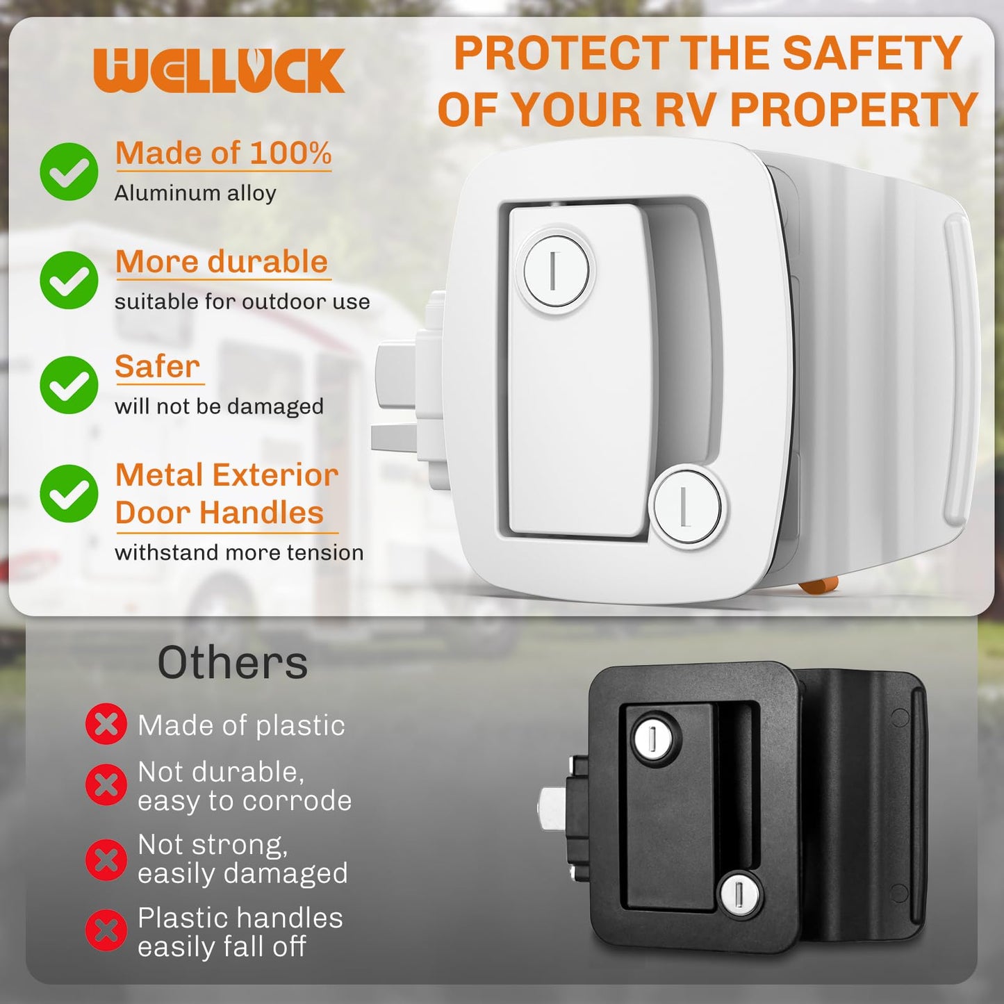 WELLUCK RV Door Lock Replacement with Paddle Deadbolt, 100% Metal Camper Door Latch Handle Lock, RV Entry Door Lock for Camper Horse Travel Trailer Cargo Hauler, Black, Not Key Alike White