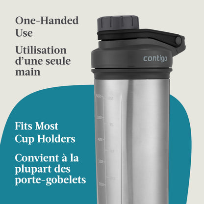 Contigo Fit Shake & Go 2.0 Stainless Steel Protein Shaker Bottle with Leak-Proof Screw Lid, Vacuum-Insulated Mixer Bottle with Whisk and Carry Handle, Grey, 24 oz (709 mL)