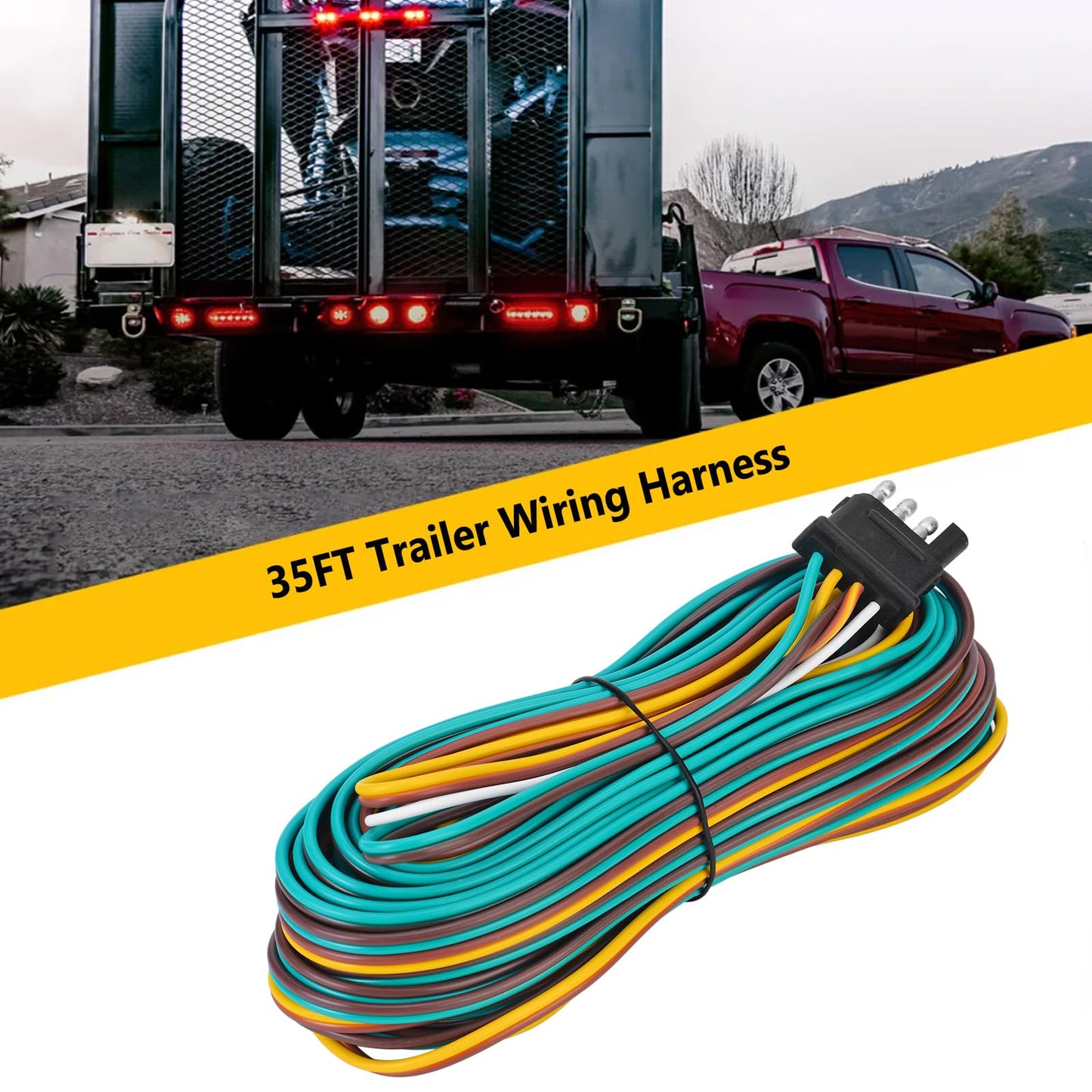 VINAUO 35FT Trailer Wiring Harness, 4 Wire Trailer Wire, Color Coded Wishbone Style Trailer Wiring Harness Kit 4 Pin, 42" Ground Trailer Wiring Kit, 4 Pin Trailer Connector