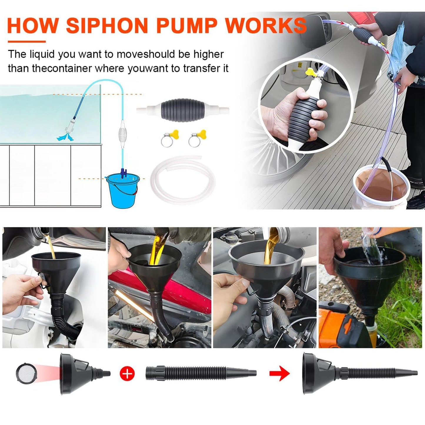 8 Pieces Filling Funnel Set, Gasoline Fuel Funnel，Right Angle Flexible Plastic Funnel Set, Universal Auto Gasoline Fuel Funnel with Detachable Hose and Manual Oil Absorber