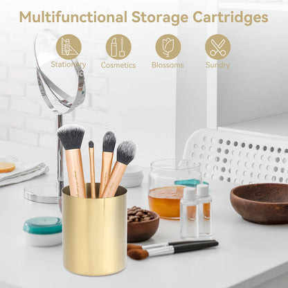 2PCS Gold Pen Holder, Round Pencil Cup Stainless Steel Makeup Brush Holder Desktop Stationery Organizer for Office and Vanity Desk