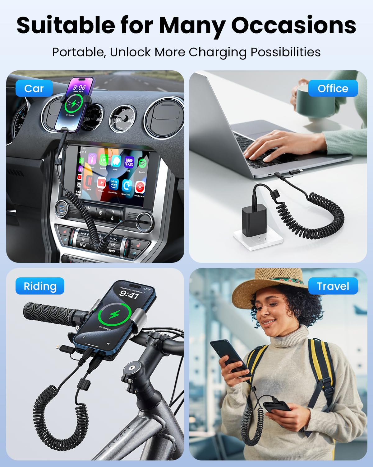 2-Pack Coiled USB Cable, USB to USB C and Lightn-ing Cable 4-in-1, Car Carplay Cable, Fast Charging Cord for iPhone 17 16 15 14 13 12, iPad, MacBook, Galaxy, Note & More - 4ft/Black