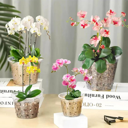 8pcs Orchid Pots with Saucers and Plant Stakes Set, 4" 5" 5.6" 6" Multi-Size, Clear Orchid Pot with Holes and Plant Support, Clear Plastic Breathable Orchid pots for Repotting