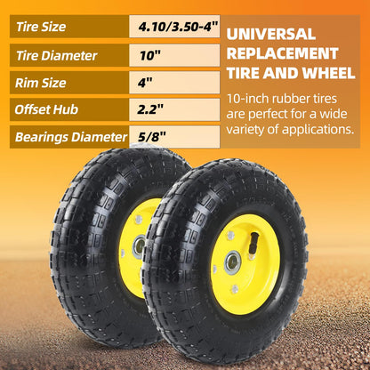 AR-PRO (2 Pack) 4.10/3.50-4 Tire and Wheel, Replacement 10-Inch Pneumatic Tire with 5/8" Bearings and 2.2" Offset Hub, Compatible with Hand Truck, Wheelbarrow, Wagon, Gorilla Carts