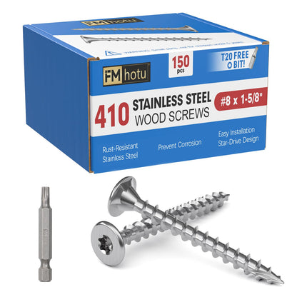 #8 × 1-5/8" 410 Stainless Steel Deck Screws, 150Pcs Wood Screws T20 Star Bit