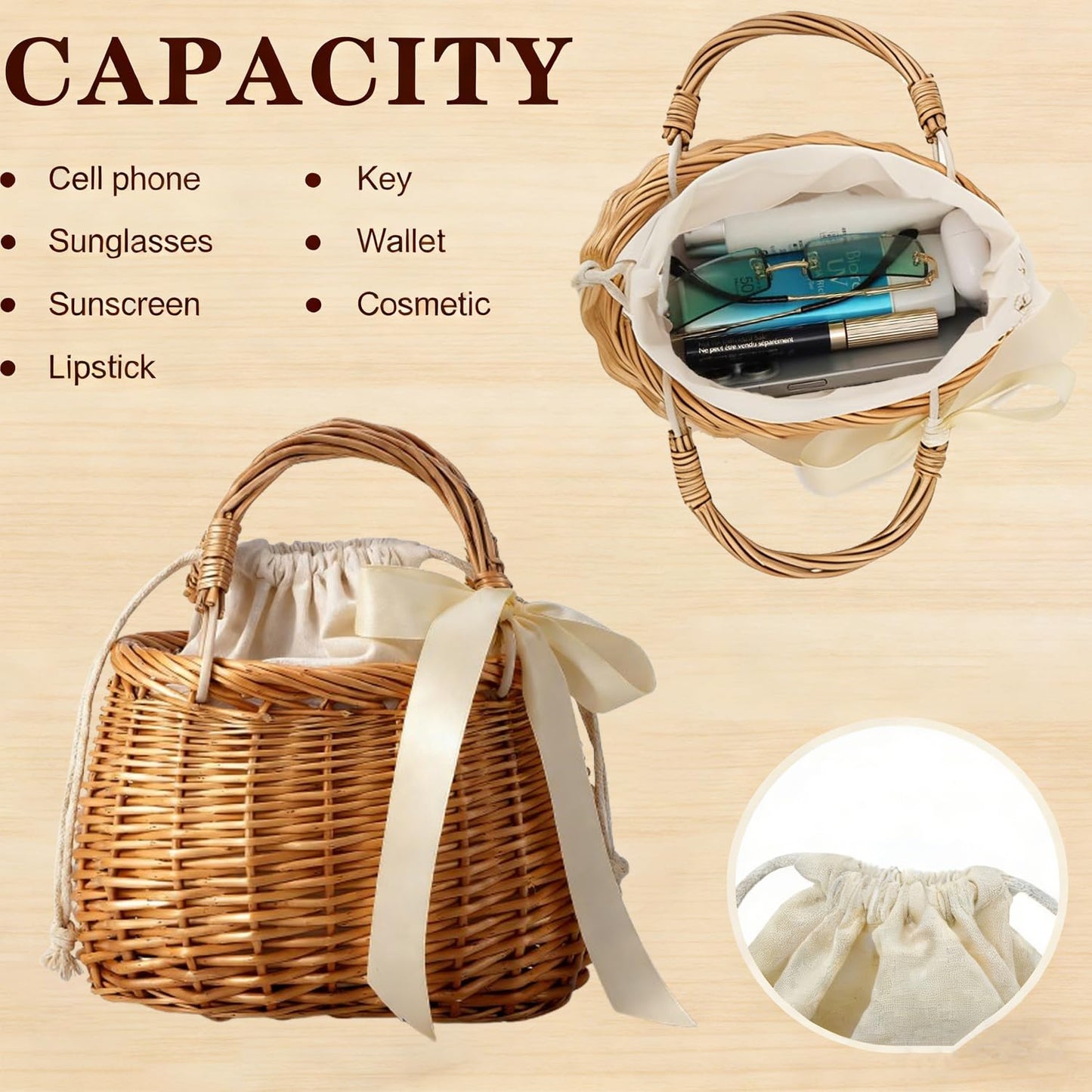 Shoyisenka Picnic Basket, Gift Basket With Handle, Wicker Woven Purse with Drawstring Inner Pouch for Picnics, Home Storage, Wedding Party Decorations and Everyday Use