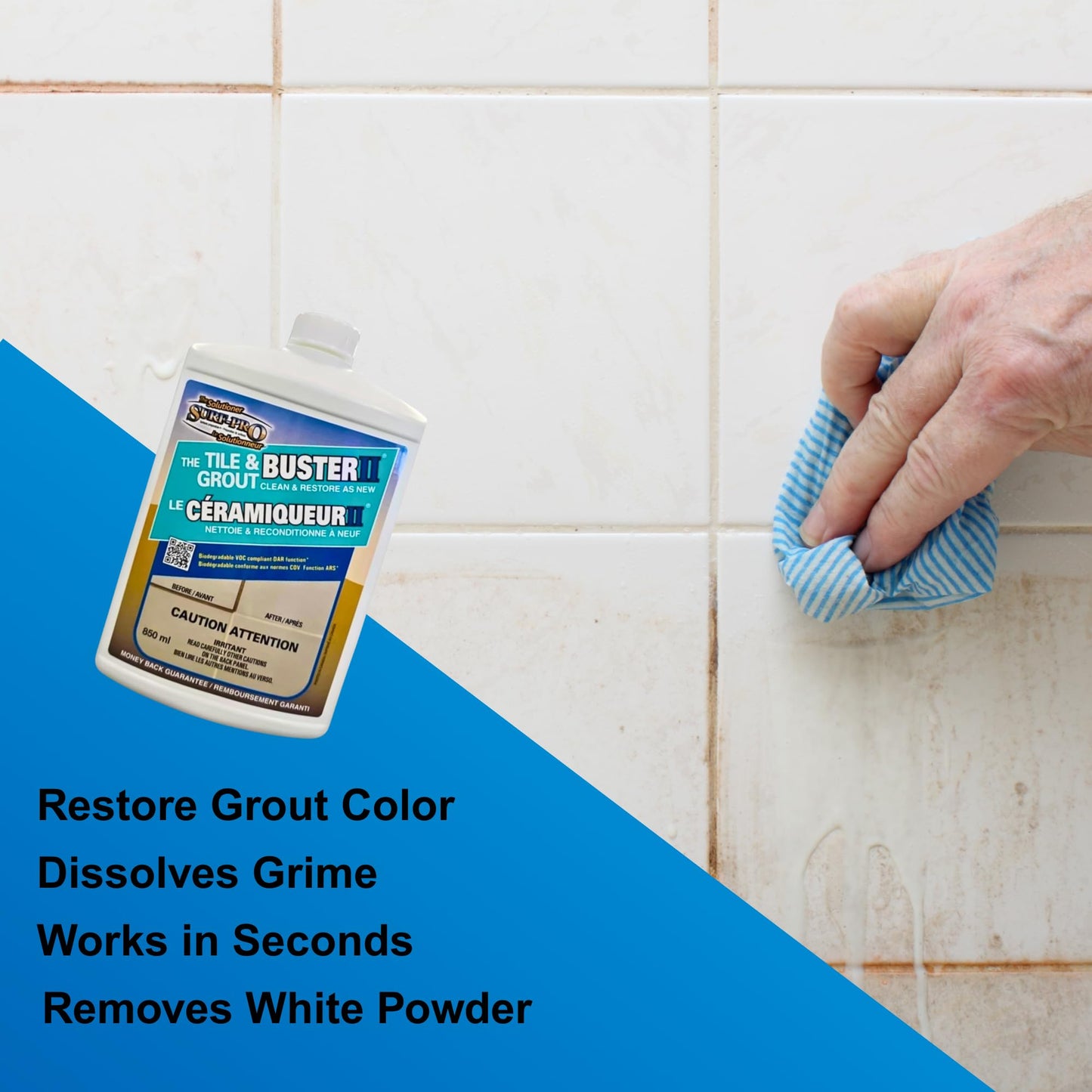 Tile and Grout Buster Cleaner, 850 ml (28 oz) – Heavy-Duty Tile & Grout Stain Remover for Bathroom, Kitchen, Shower & Floors – For Ceramic, Porcelain, Stone & More – Made in Canada