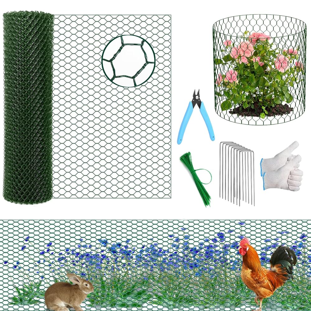15.7 x 197 Inch Plant Protectors from Animals,Free-Cut Metal Mesh Outdoor Plant Cages,Guards Fence Chicken Wire Cloche with Ground Stakes & Ties to Keeping Rabbits Squirrels Chicken Animals Out