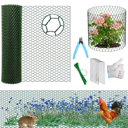 15.7 x 197 Inch Plant Protectors from Animals,Free-Cut Metal Mesh Outdoor Plant Cages,Guards Fence Chicken Wire Cloche with Ground Stakes & Ties to Keeping Rabbits Squirrels Chicken Animals Out