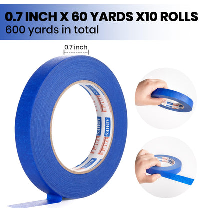 ADHES Upgrade Blue Painters Tape, Masking Tape for Painting 10 Rolls x 0.7 Inch x 60 Yards, Blue Paint Tape No Residue Outdoor Anti UV Multi Surface Use, Total 600 Yards
