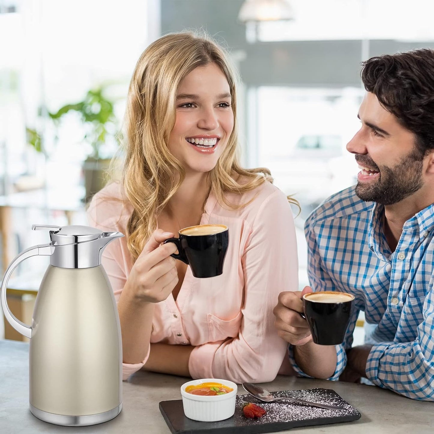 Asiulalt 2.3L/ 78oz Stainless Steel Thermal Carafe, Coffee Carafe Jugs with Lid, Double Walled Vacuum Insulated Coffee Pot with Press Button Top for Coffee/Juice/Milk/Tea etc (Golden)