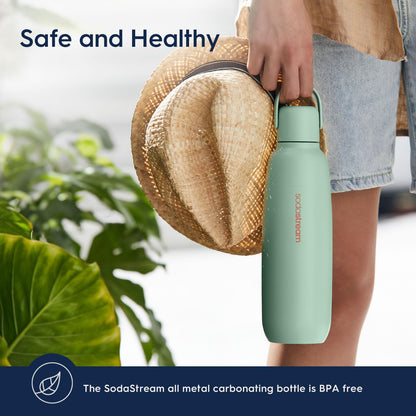 SodaStream - Fizz & Go Cool Bottle | Stainless Steel Carbonating Water Bottle | Keeps Drinks Cold 12 Hrs | Cupholder Friendly | Compatible with Pink CO2 Cylinder Machines | Storm Color | 0.9L