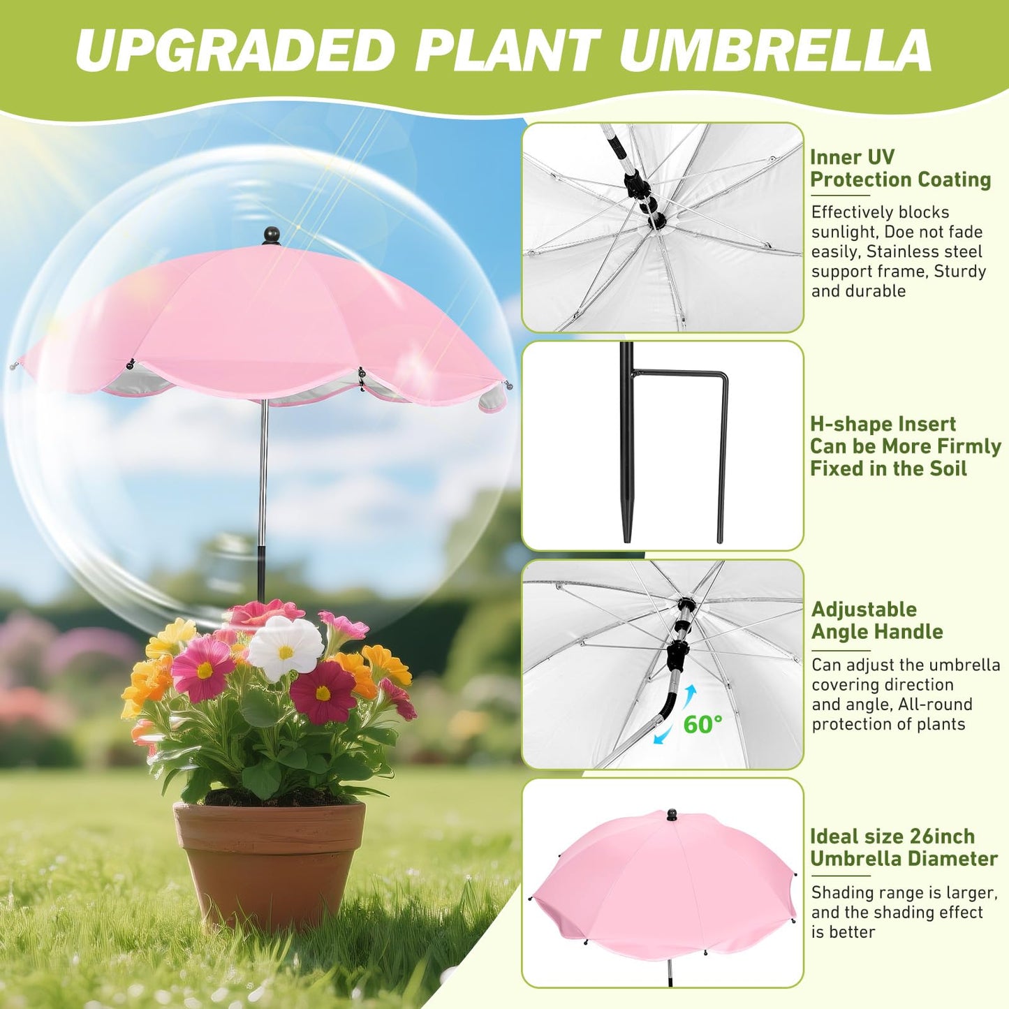 WYRJXYB 4 Pack Plant Umbrellas for Outdoor Plants,26" Larger Garden Umbrella Sun Shade for Garden Beds Potted Plants-Upgraded 43.3" Higher Adjustable Angle Plant Shade Cover Umbrellas for Flowers