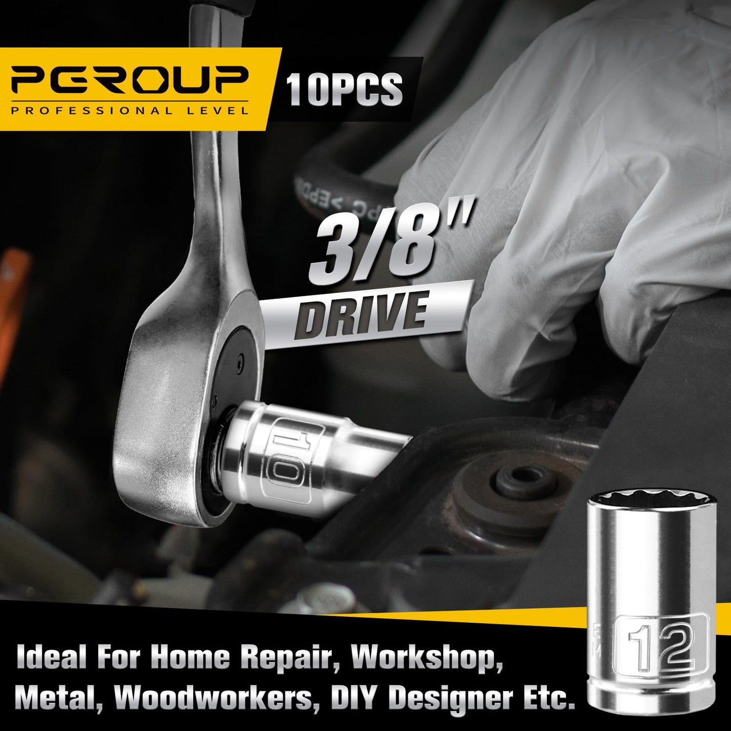 3/8 Inch Drive Socket Set - 10 Piece Metric 12-Point Shallow Socket Set (10mm, 11mm, 12mm, 13mm, 14mm, 15mm, 16mm, 17mm, 19mm, 22mm), Chrome Vanadium Steel