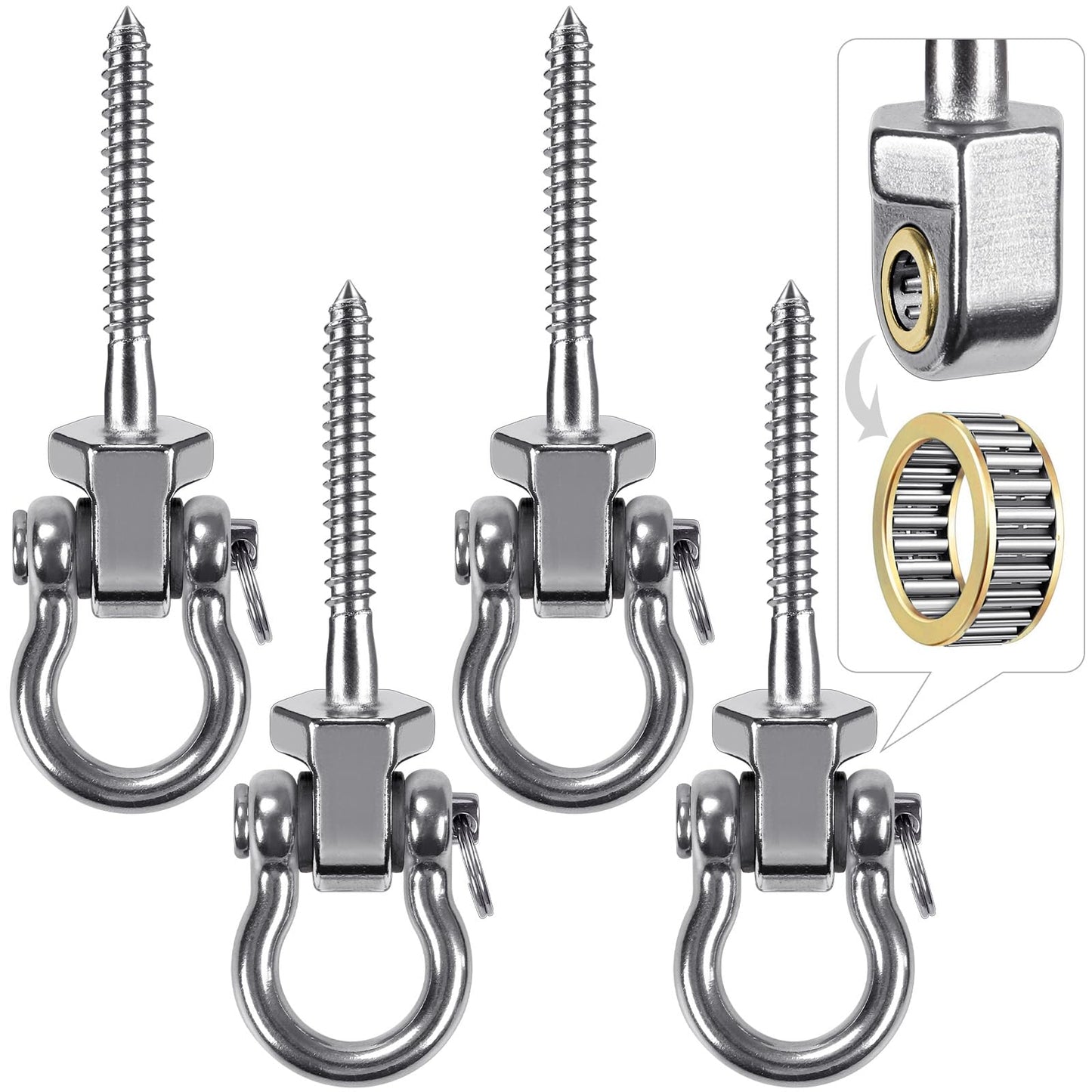 BeneLabel Heavy Duty Swing Hangers with Bearings - Set of 4 Stainless Steel 304 Screw Brackets for Hanging Chairs, Swings, Hammocks, Punching Bag - Indoor & Outdoor Use - 1500LB Capacity