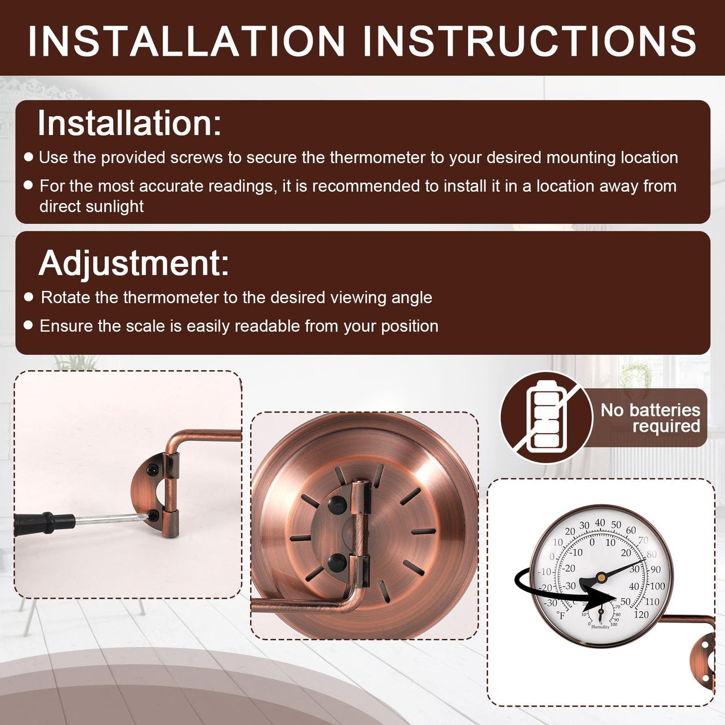 4 Inch Brass Outdoor Thermometer with Humidity Gauge, Analog Swivel Temperature Gauge Decorative Outdoor Thermometer for Patio Window Greenhouse Garage Garden Decor
