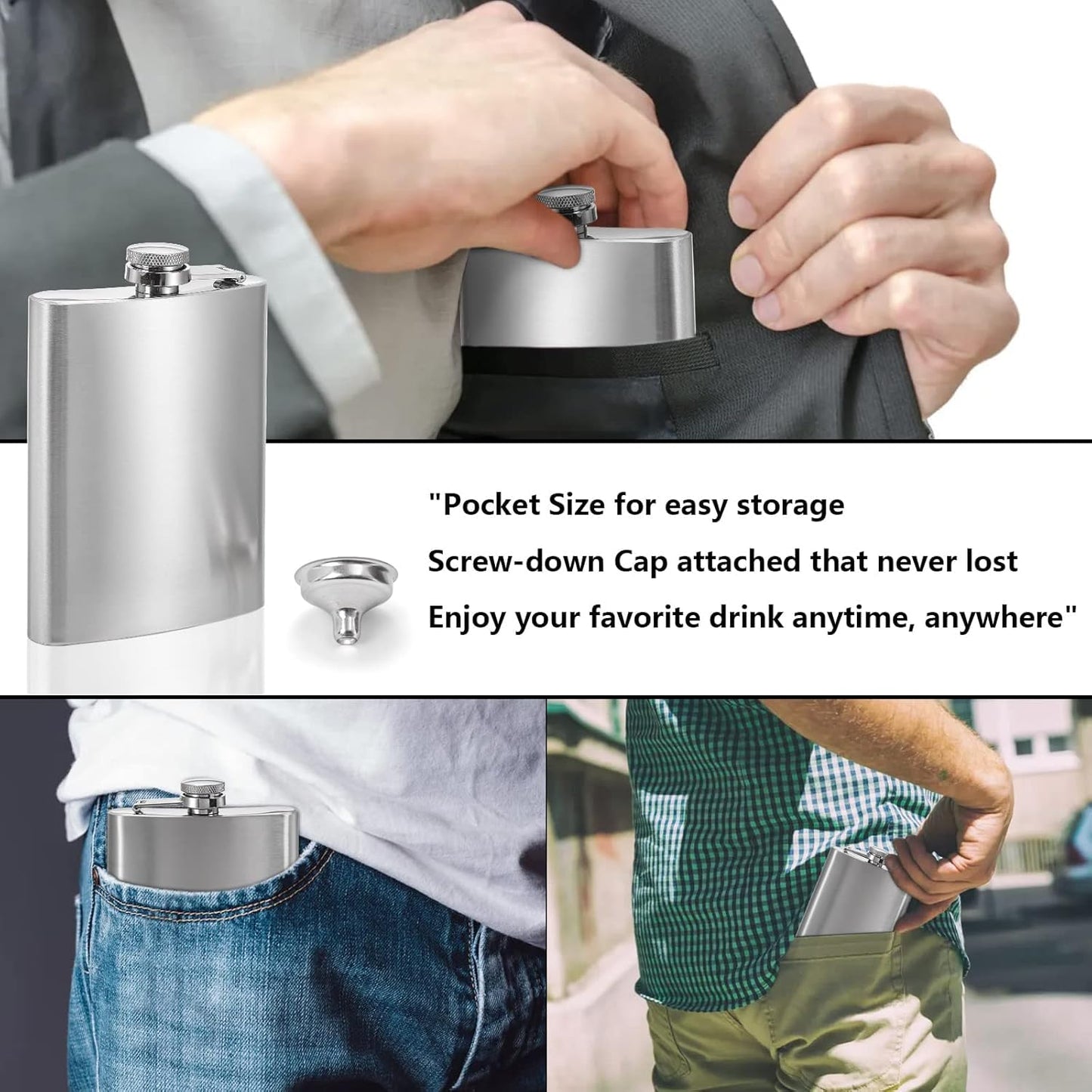 Tebery 8 oz Stainless Steel Hip Flask & Funnel Set, Set of 6