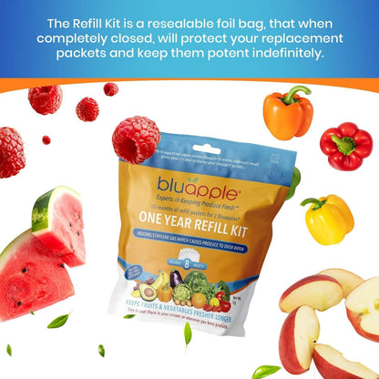 Bluapple Produce Saver Refill Kit - Keep Fruits and Vegetables Fresh Longer, 8 Veggie and Fruit Saver Packets, Each Packet Lasts up to 3 Months, Ethylene Gas Absorber