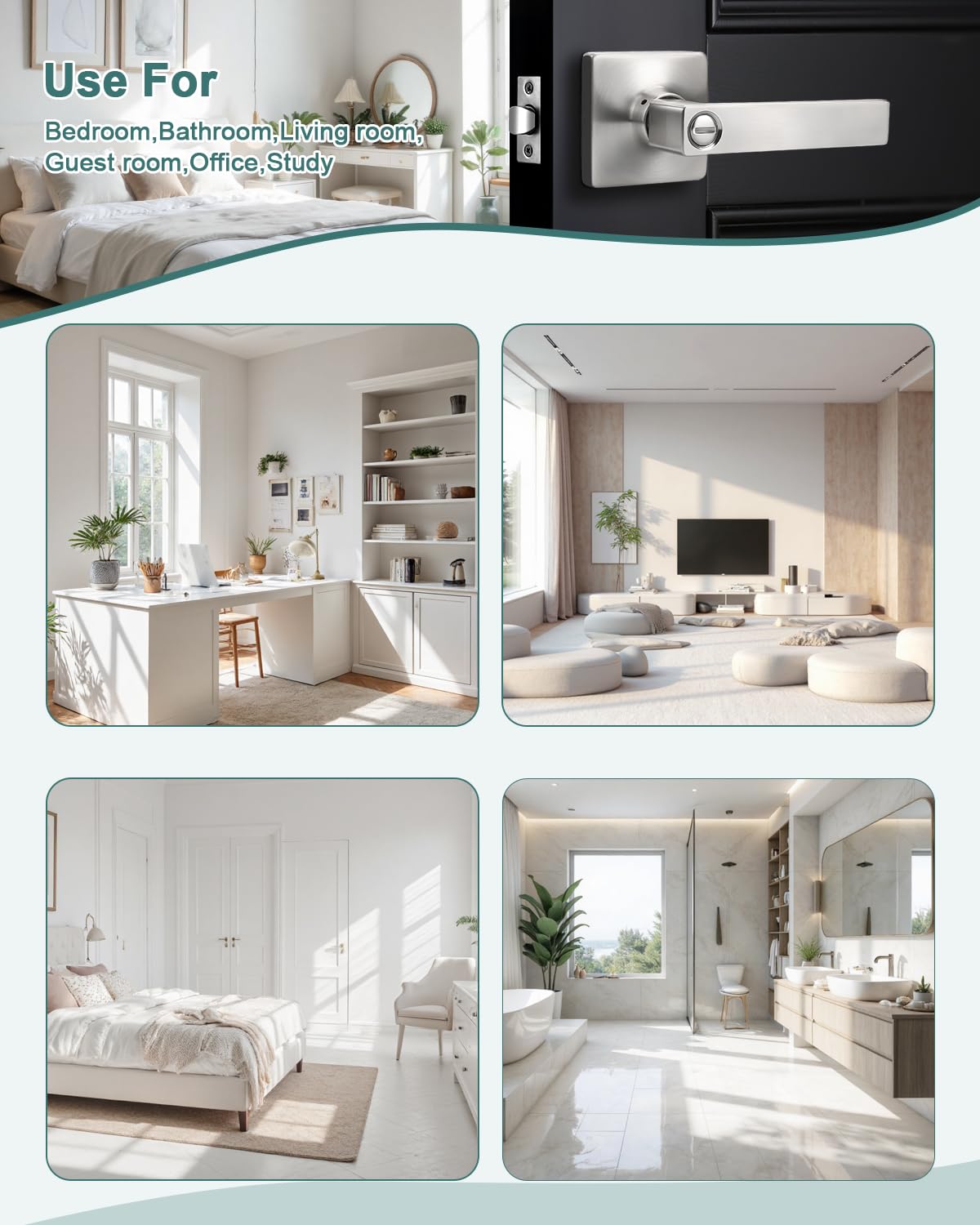 GOBEKOR 1 Pack Square Satin Nickel Privacy Door Lever,Keyless Door Handle Interior Use,Bathroom/Bedroom Door Lock (Thumb Turn,No Key),Reversible for Right or Left Side Door Handle Lock