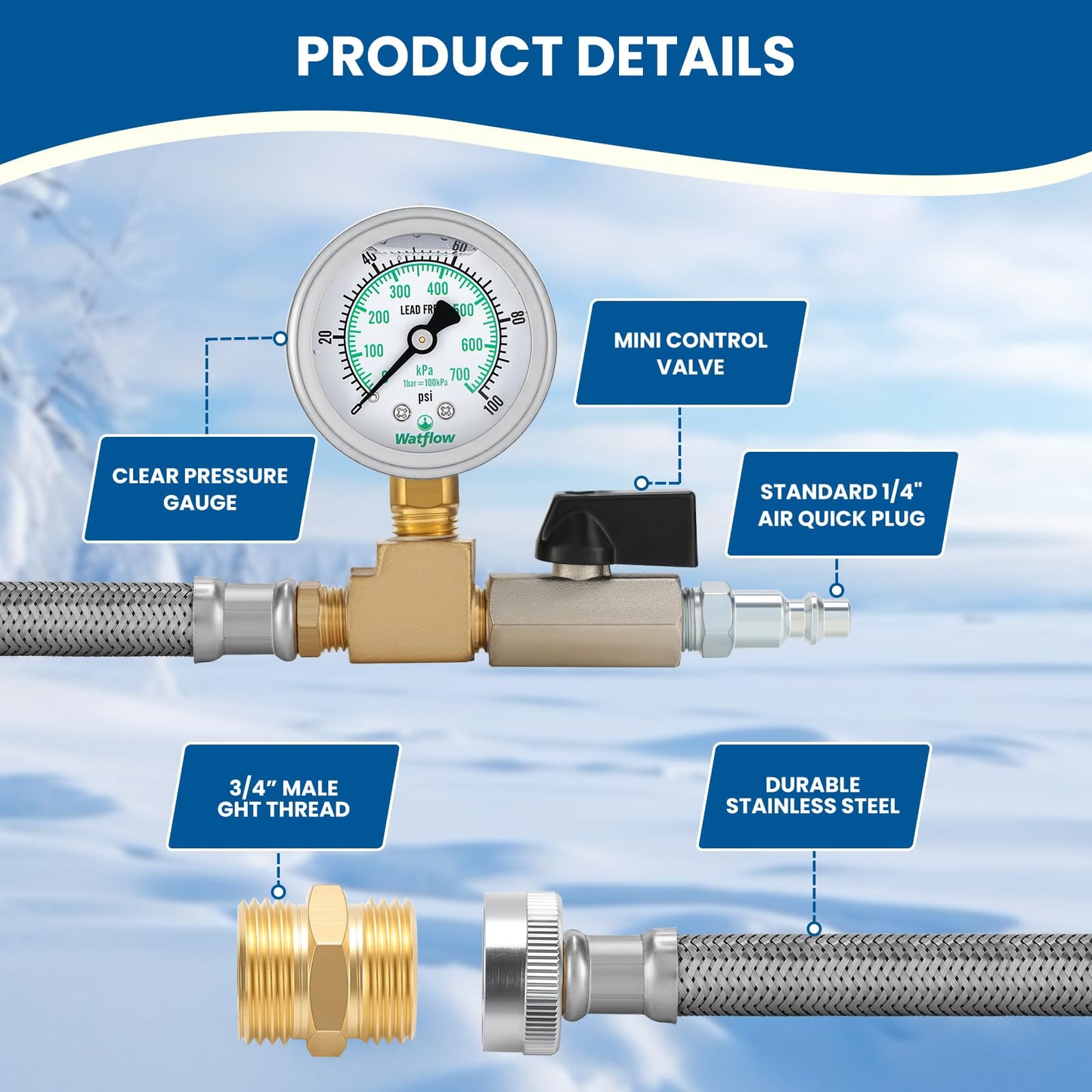 Watflow Air Compressor Water Blow Out Adapter with 100psi Pressure Gauge, with 1/4" Quick Connect Shut-Off Valve & 3/4" GHT Blow-Out Fitting Adapter, 304 SS Hose for Camper, Travel Trailer(12")