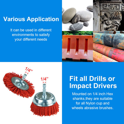 SALI 10 Pack Nylon Filament Abrasive Wire Brush Wheel & Cup Brush Set with 1/4 Inch Hex Shank, 4 Sizes Nylon Drill Brush Set for Removal of Rust Corrosion Paint