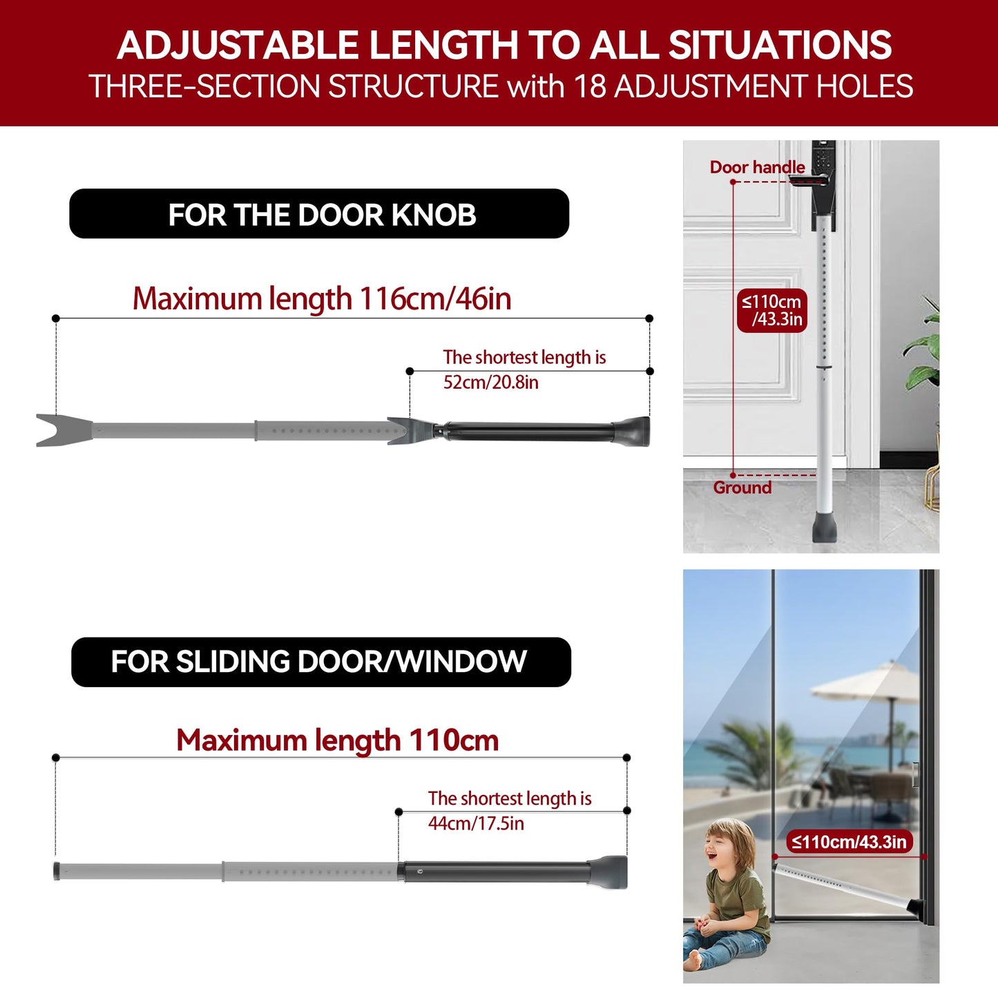 AceMining Upgraded Door Security Bar & Sliding Patio Door Stopper, Heavy Duty Adjustable Door Jammer for Home, Apartment, Travel (1 Pack, White)