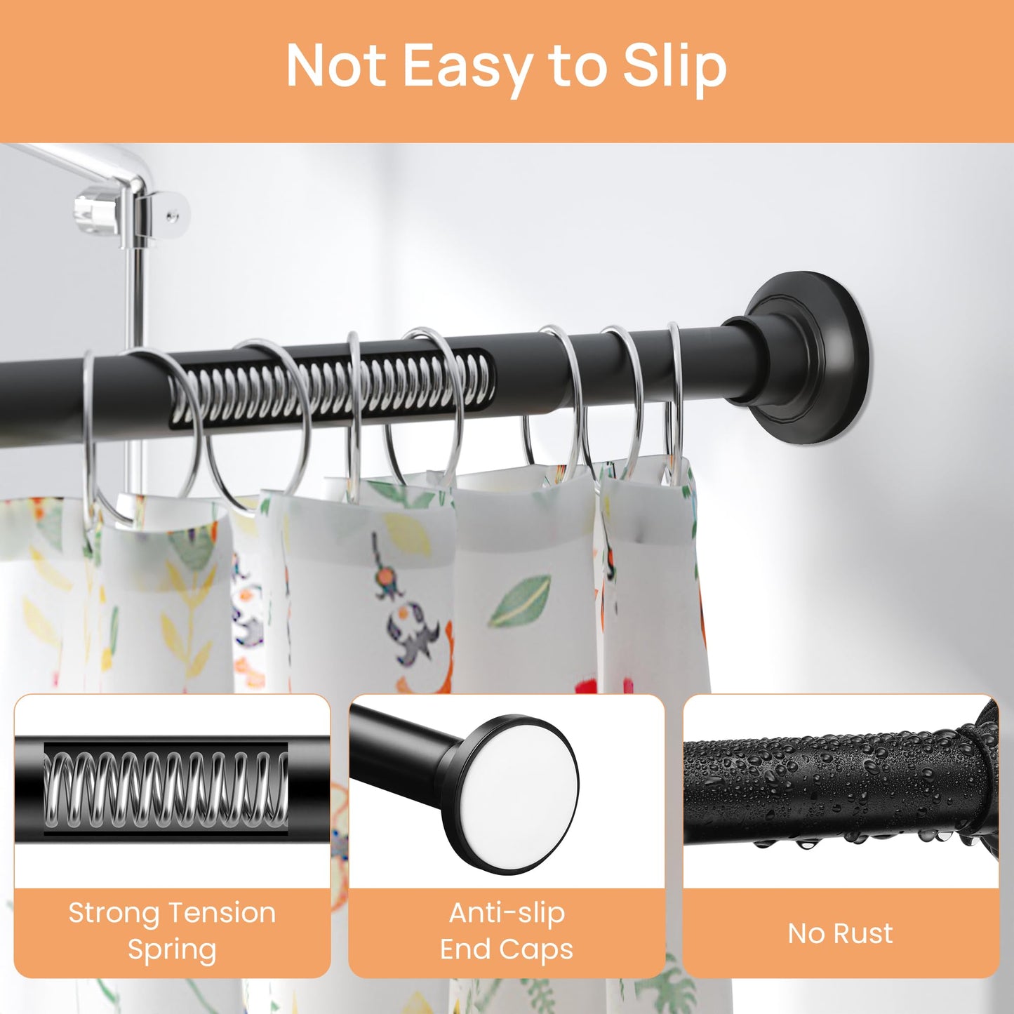 upsimples Matte Black Shower Curtain Rod No Drilling 30 to 76 Inches, 1 Inch Adjustable Spring Stainless Steel Tension Shower Rod No Drill Curtain Pole for Bathroom, Closet, Window