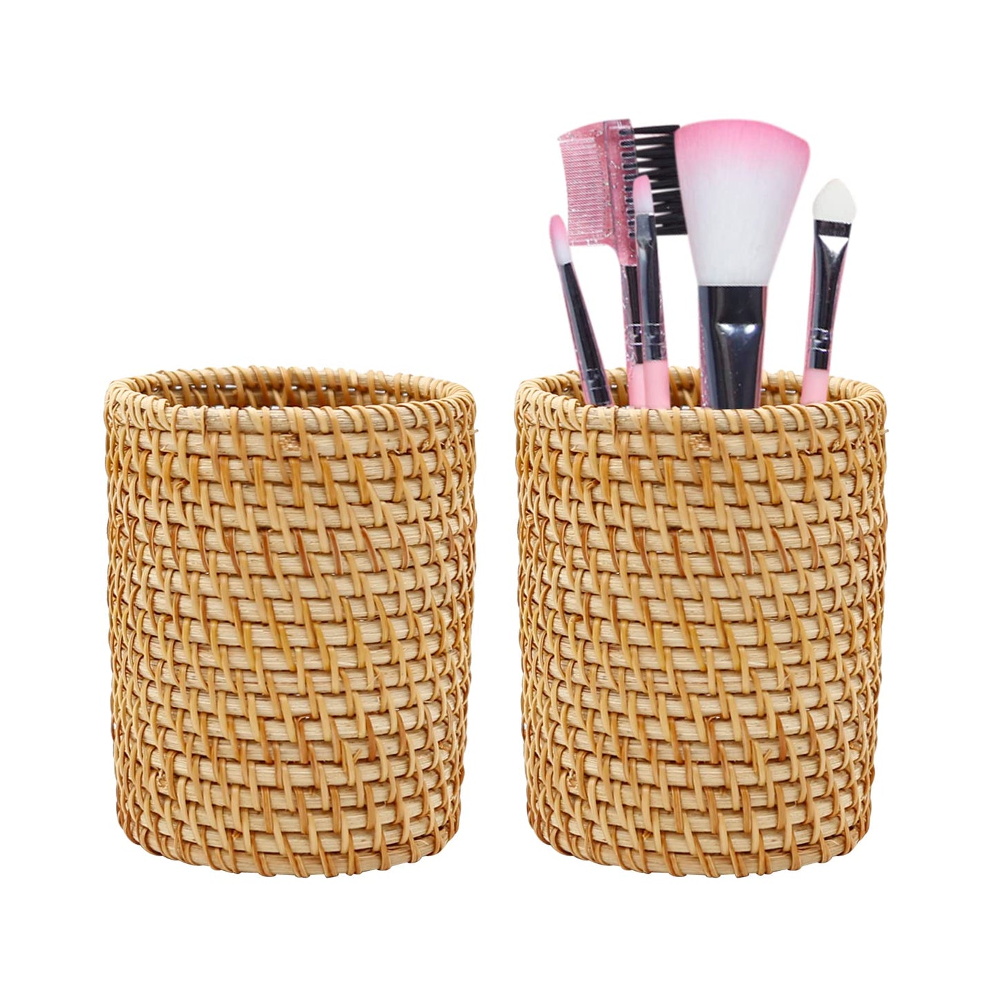2 Pack Rattan Pencil Holder Handmade Pen Organizer Boho Desk Accessories Aesthetic Pen Cup Holder for Cute Office Decor