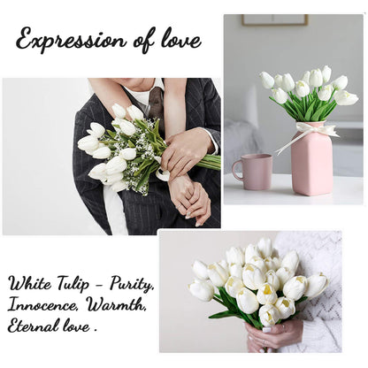 Artificial Flowers 30pcs Bouquet 14" Tall Real Touch Tulips, White PU Fake Tulips Flowers for Arrangement Wedding Party or Easter Spring Home Centerpiece Dining Room Office Table Decoration