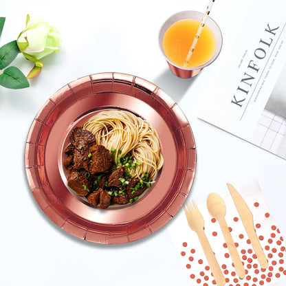 Nkaiso 193 Piece Rosegold Party Tableware, Party Paper Plates and Cutlery Set Includes Plates Cups Dinnerware Napkins, for Birthday Wedding Babyshower Decorations Supplies-24 Guests