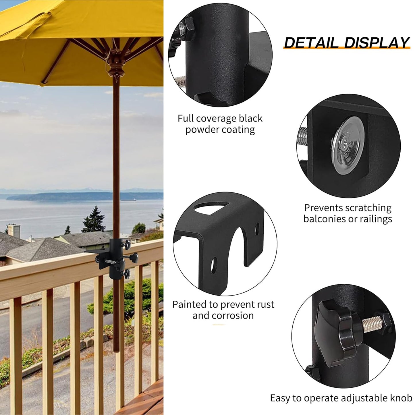 Shoyisenka Patio Umbrella Holder, Heavy Duty Parasol Holder, Square Clampable Adjustable Patio Umbrella Base Mount Fixed Clip for Beach, Courtyard Balcony, Deck Bleachers, Boats