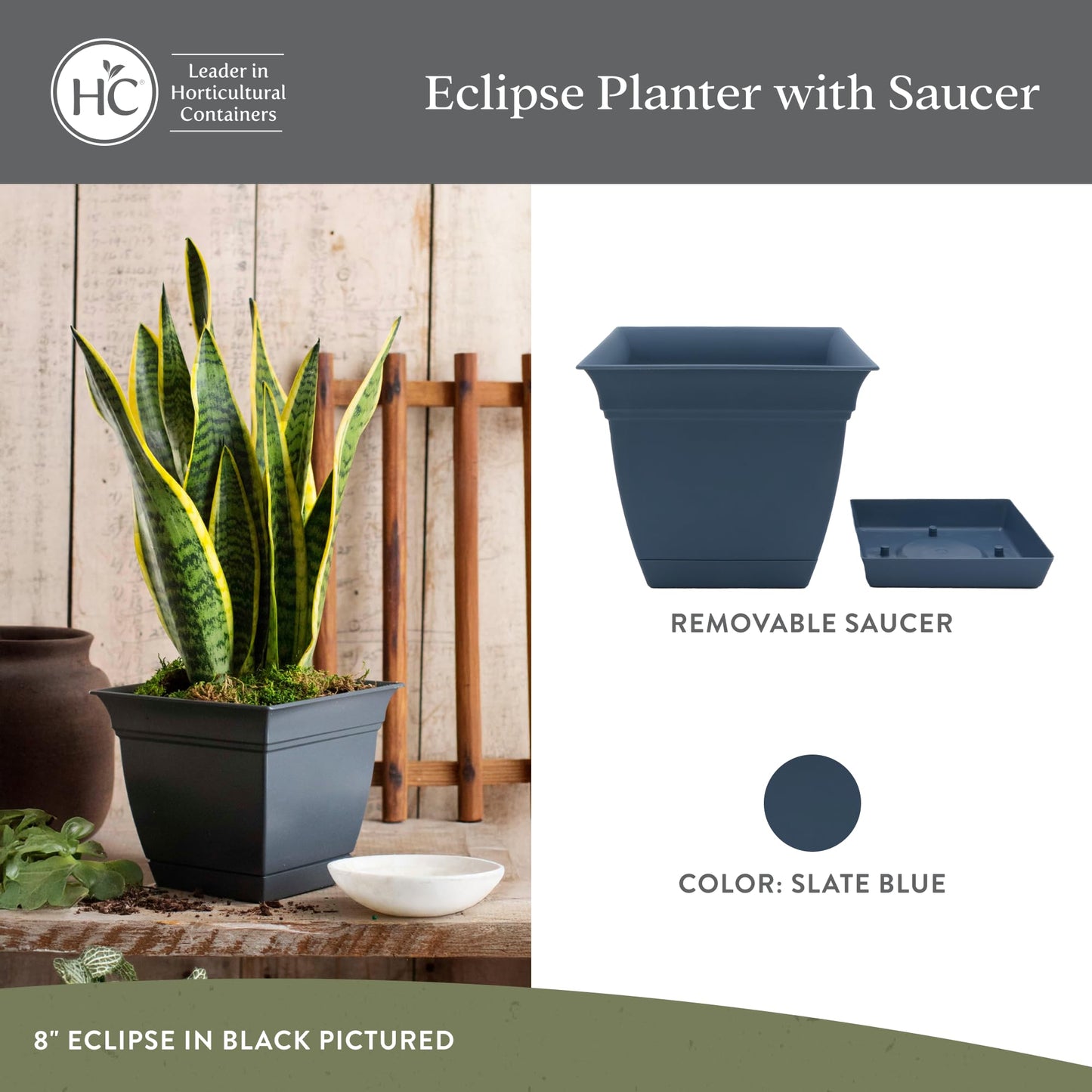 The HC Companies Eclipse Square Plastic Planter w/Attached Saucer - Outdoor & Indoor Plant Pot with Drainage Holes - Lightweight, UV-Resistant Plastic Pots for Plants (8" Slate Blue, Pack of 4)