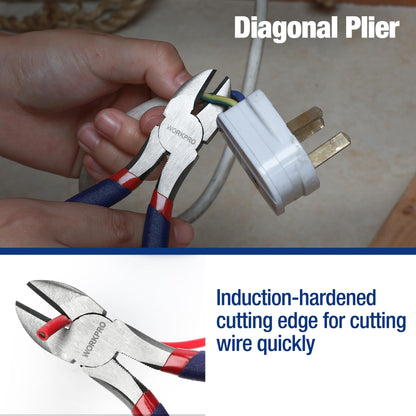 7-Piece WORKPRO Pliers Set with Groove Joint, Long Nose, Slip Joint, Linesman, and Diagonal Pliers for DIY & Home Use