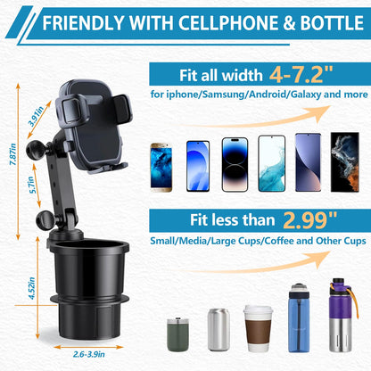 SAMPUSS 2-in-1 Phone Holders for Your Car, Car Cup Holder Phone Mount with Long Arm & 360°Rotation-Universal Smartphone Holder, Expands Cup Holder Space, Compatible with All iPhone and Android Devices