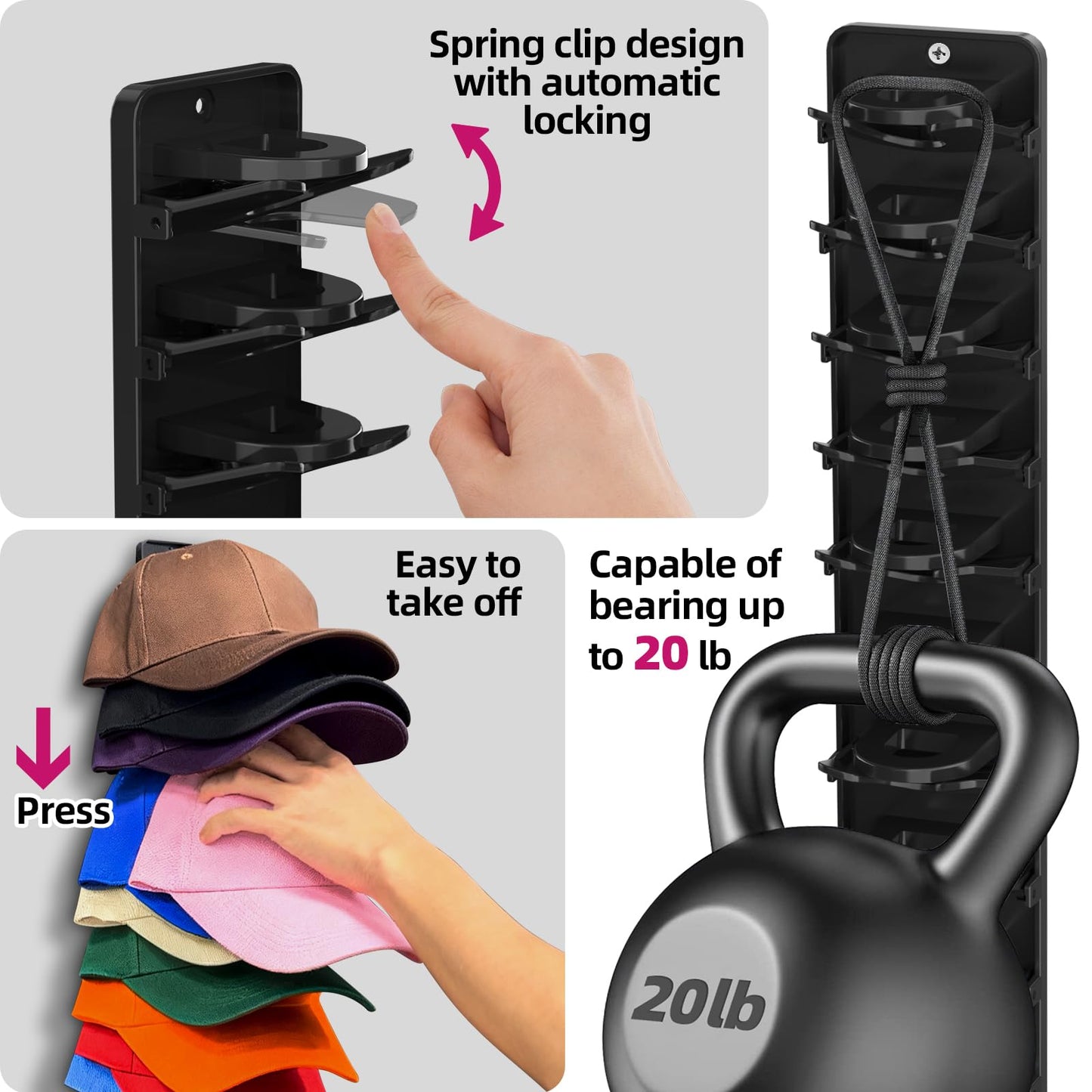 Spring-Loaded Hat Organizer for Baseball Caps (2 Pack) – Holds 20 Caps, Quick Insert & Smooth Release with Secure Hold, Wall Mount for Closet or Door with Adhesive & Screws – Black