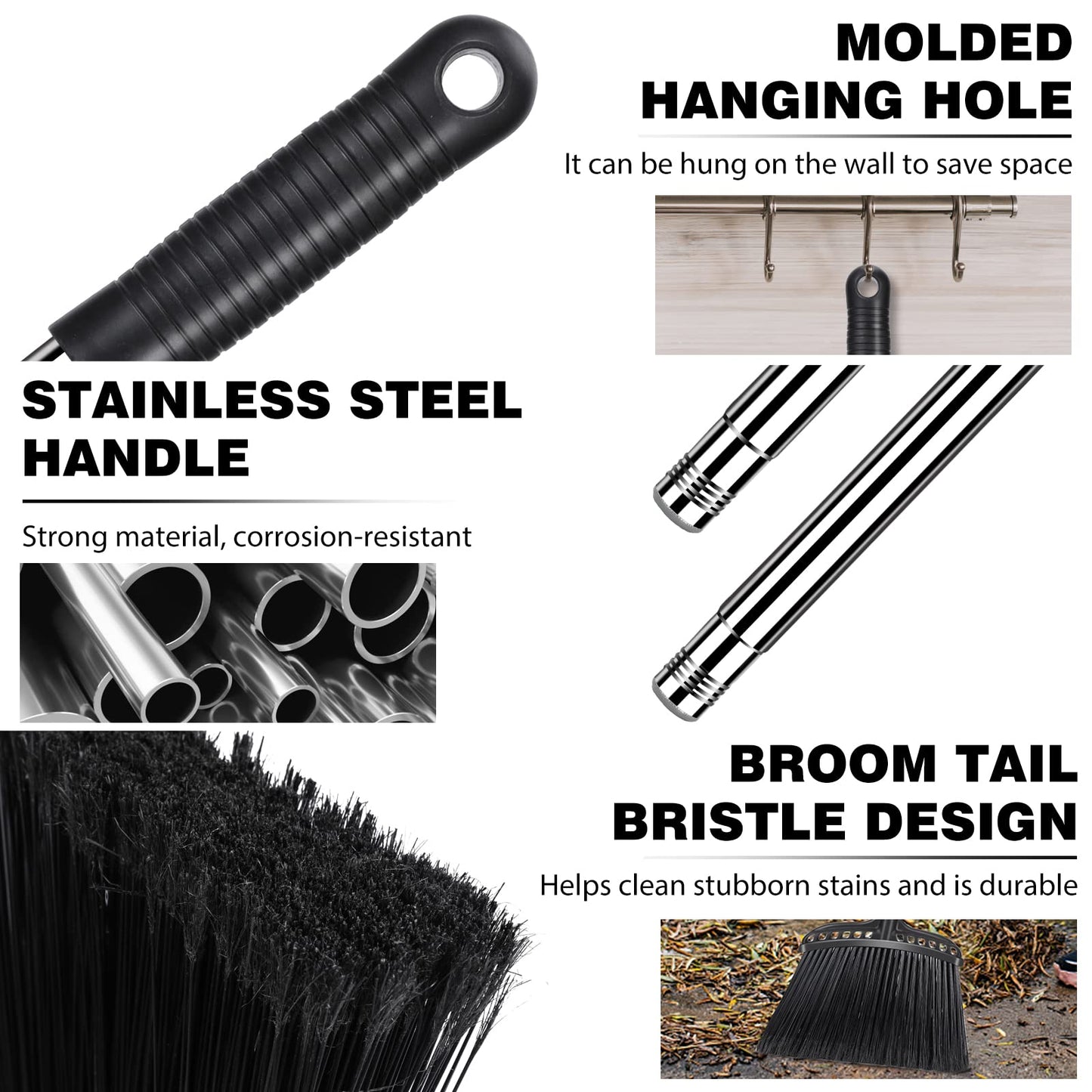 Almcmy Outdoor Broom, Commercial Heavy Duty Broom with Stainless Steel Handle, Angle Broom for Sweeping Indoor Lobby Home Garage Kitchen Office Courtyard Lawn Concrete - Black