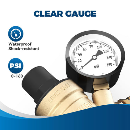 RVGUARD RV Water Pressure Regulator Valve, Lead-Free Brass Adjustable Water Pressure Reducer with Gauge and Inlet Screen Filter for RV Camper Travel Trailer