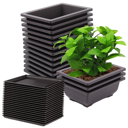 ZEONHEI 15 PCS 6.5 Inch Bonsai Training Pots, Rectangular Plastic Growing Pots with 15 PCS Trays, Flower Succulent Pots Container for Garden, Yard, Office, Balcony, Home Decoration ﻿