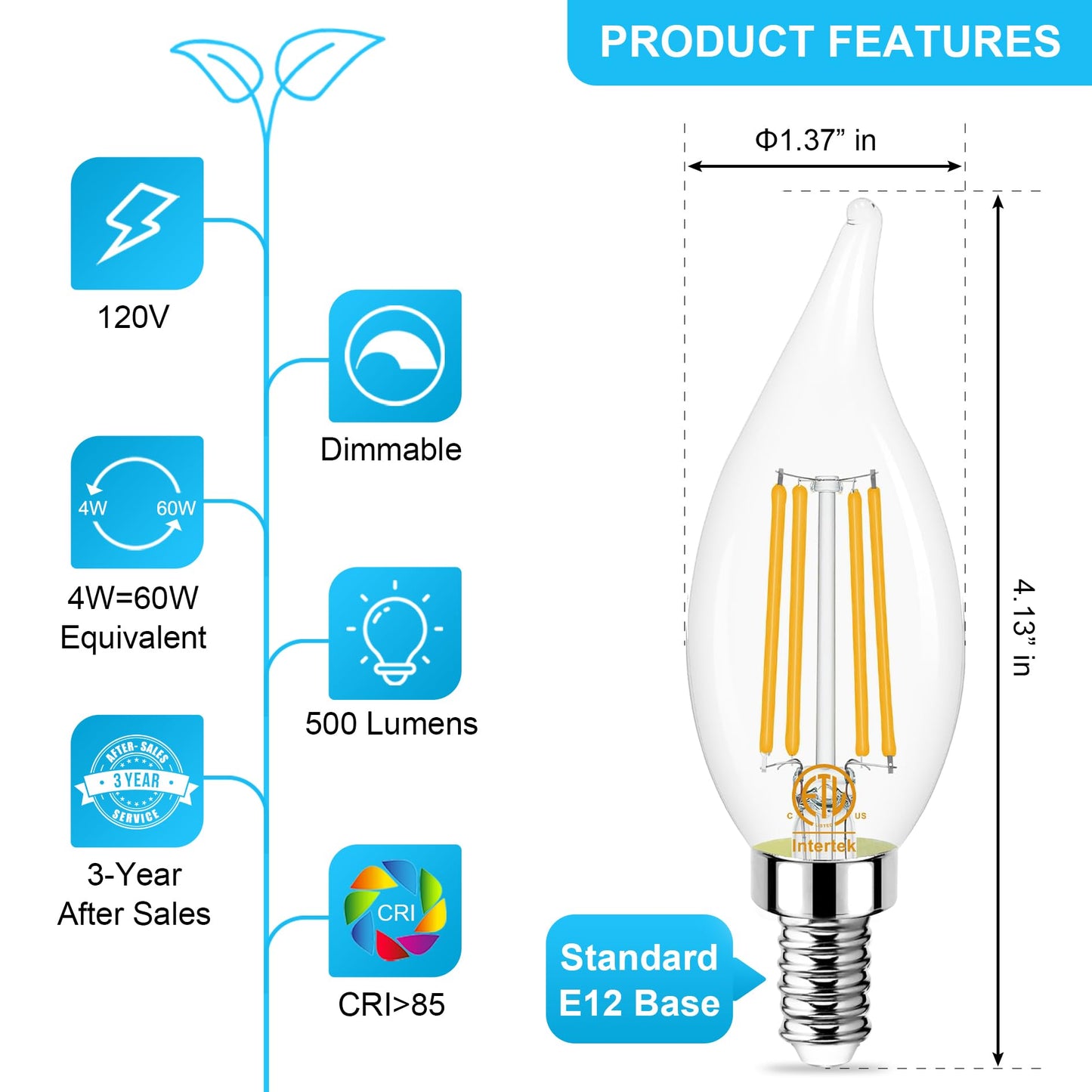 Sailstar E12 Candelabra Bulb 60 Watt Equivalent, Dimmable E12 LED Bulb 3000K Warm White, 60W Candelabra LED Light Bulbs Flame Tip, 4W LED Candelabra Bulbs for Chandelier, 500LM, 120V, CRI 85, 10 Pack