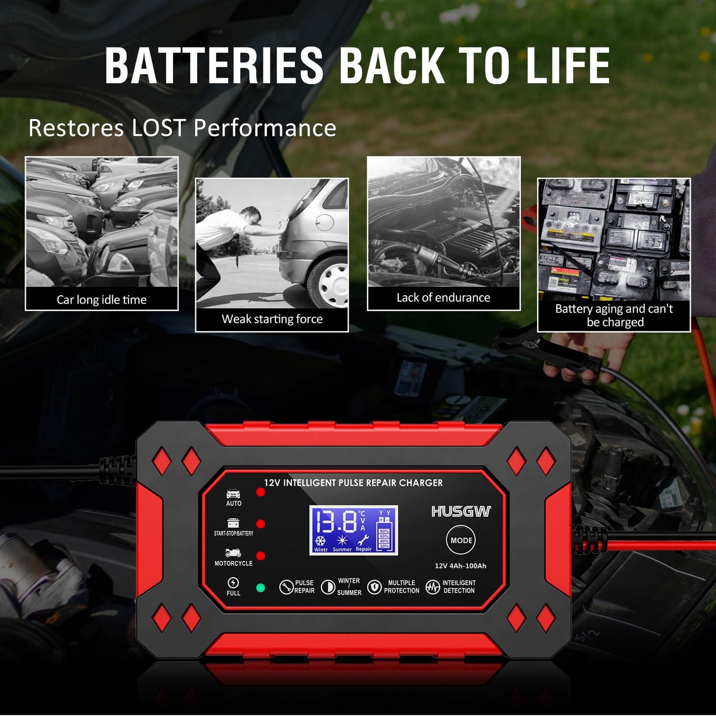 Car Battery Charger, 12V/6A Smart Battery Charger with Pulse Repair, Suitable for Cars, Marine Lead Acid Batteries