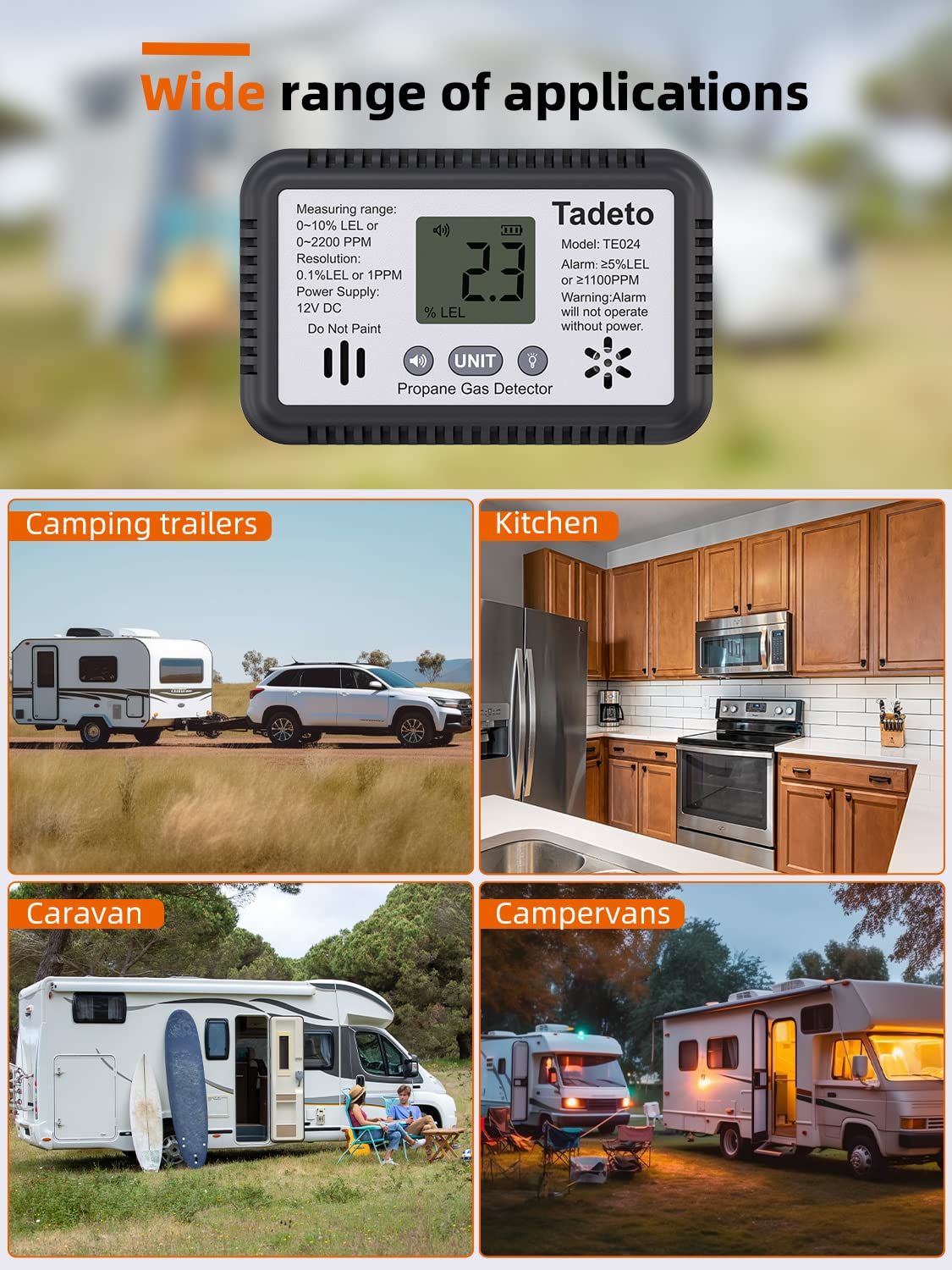 RV Propane Gas Detector,Natural Gas Detector,12V DC LCD Backlit Display,85dB Alarm & Red Screen Flashing Alarm for Trailer,Camper Van,Motorhome (Surface & Recessed Mounting)