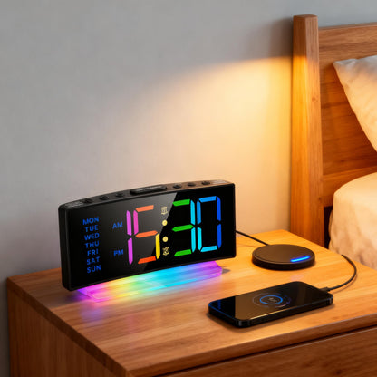 YUNJAYI Kids Alarm Clock for Bedroom, Dynamic RGB LED Digital Clock Large Display with 7 Color Night Lights, Dual Alarm Clocks Bedside, Snooze, 4 Levels Brightness, 3 Volume, 12/24H, Power-Off Memory