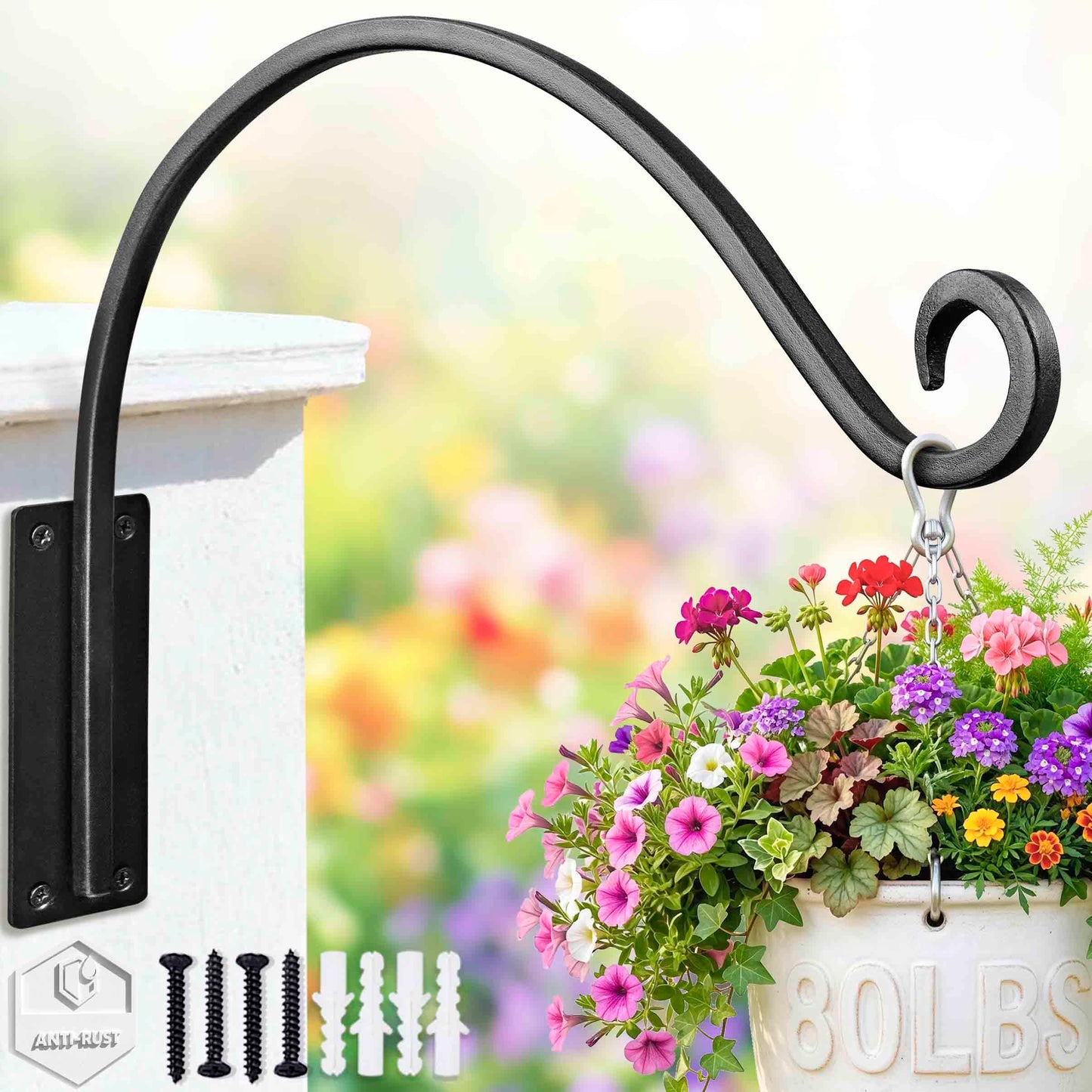 Plant Hanger Bracket｜Hand-Forged Heavy Duty Shepherds Hook Plant Hooks (2 Pieces / 16") Outdoor Durable and Stable for Hanging Plants (16“-Black-1Pcs, 16" Black)
