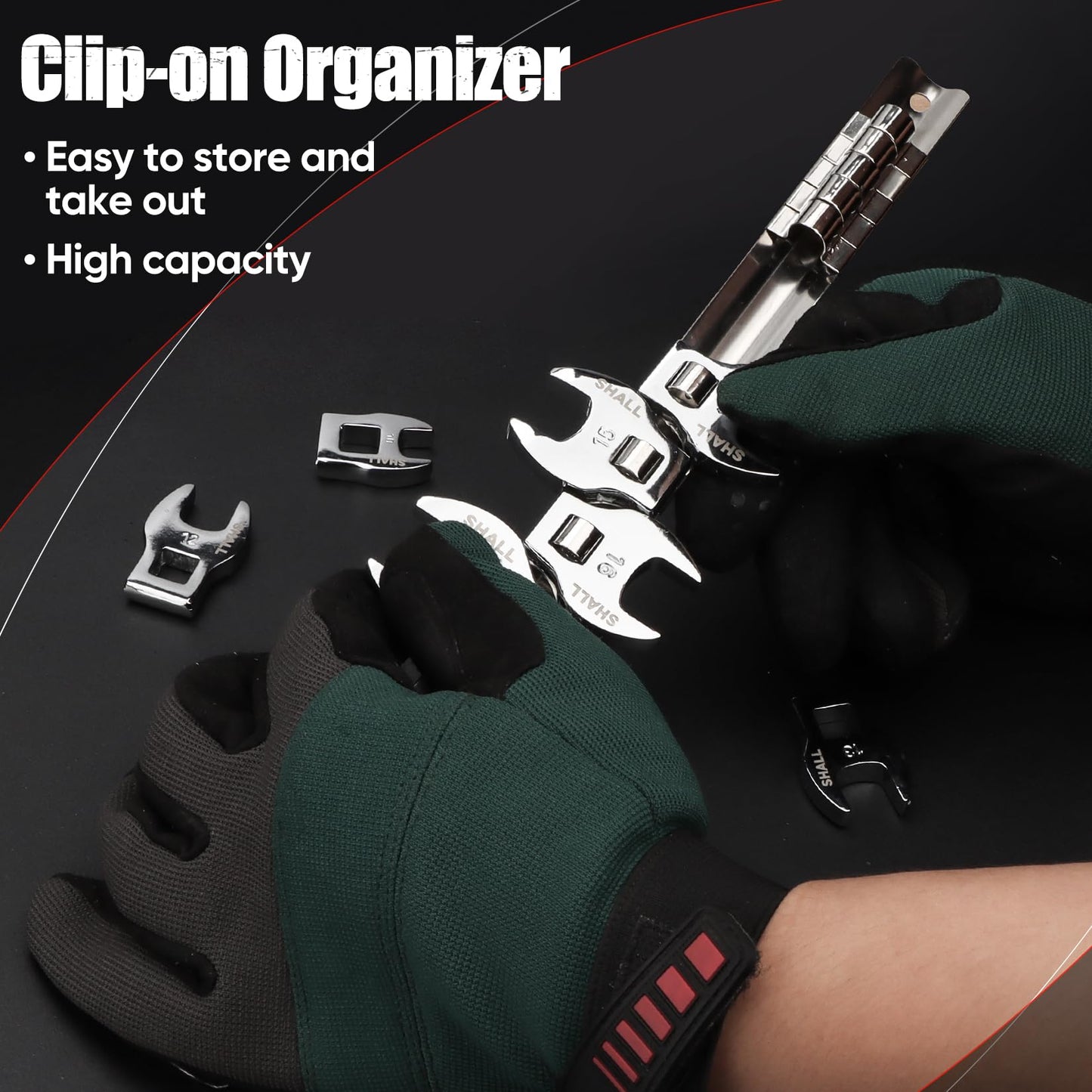 SHALL 3/8" Crows Foot Wrench Set, 11-Piece Metric Crowfoot Wrench Set with Clip-on Organizer, 10-22mm, Tools for Mechanics, Access Fasteners in Tight Spaces