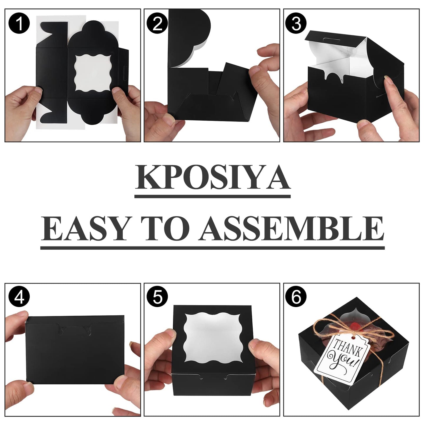 KPOSIYA 60 Pcs Black Bakery Boxes with Window - 4x4x2.5 Inch Individual Cupcake Boxes - Kraft Paper Black Gift Box for Pastries, Cookies, Pie, Donuts, Macaroon